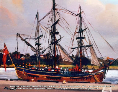 Plein air painting of HMB Endeavour from the East Darling Harbour Wharves.painted by industrial heritage artist Jane Bennett